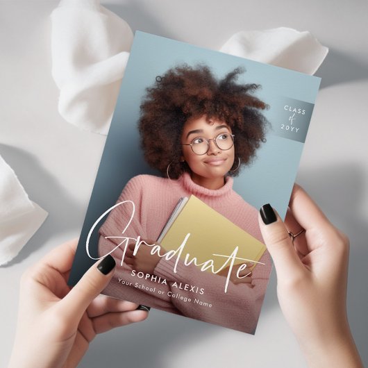 4フォトホワイトオーバーレイエレガントスクリプト卒業 案内状