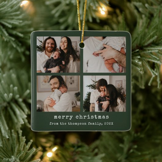 4フォトメリークリスマスダークグリーンの休日 セラミックオーナメント (ツリー)
