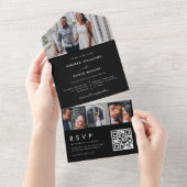 4フォトモダンコラージュタイポグラフィブラック結婚ズ オールインワン招待状 (貼ってはがせる)