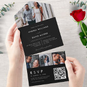 4フォトモダンコラージュタイポグラフィブラック結婚ズ オールインワン招待状