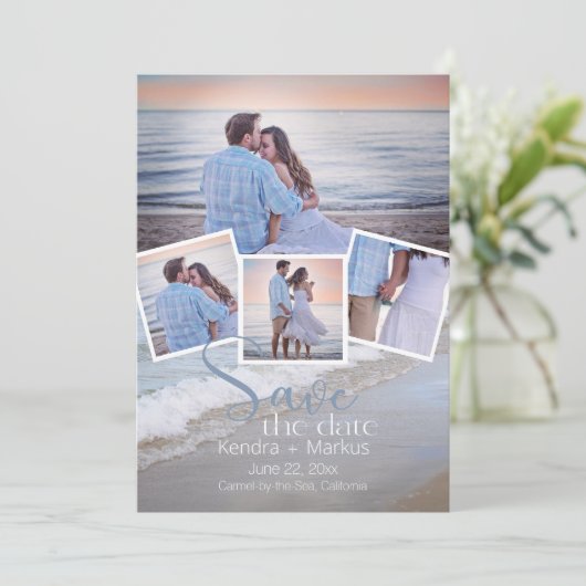 4フォトモダンコラージュタイポグラフィ日付の保存 招待状 (スタンド正面)