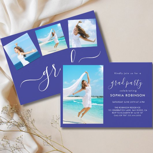 4フォトモダンコラージュ卒業パーティーブルー 招待状