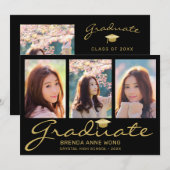 4フォトモダンコラージュ金ゴールドスクリプトの卒業 案内状 (正面/裏面)