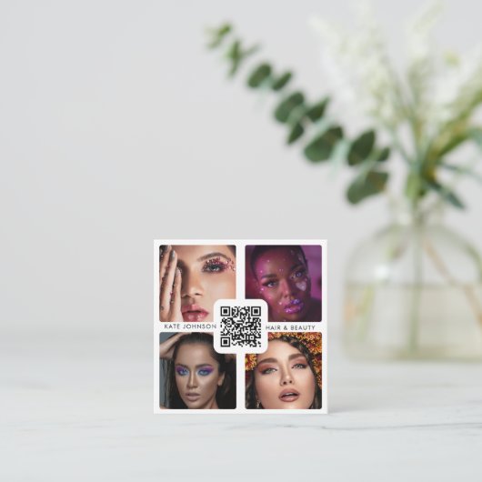 4フォトモダン美容師メイクアップアーティストQRコード スクエア名刺 (スタンド正面)