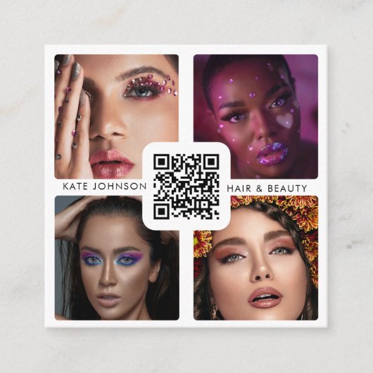 4フォトモダン美容師メイクアップアーティストQRコード スクエア名刺 (正面)