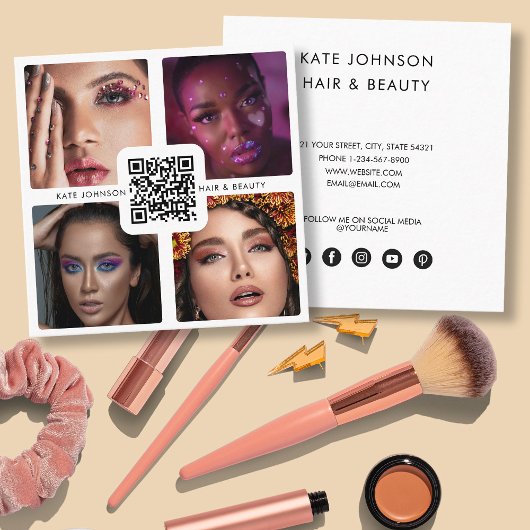 4フォトモダン美容師メイクアップアーティストQRコード スクエア名刺