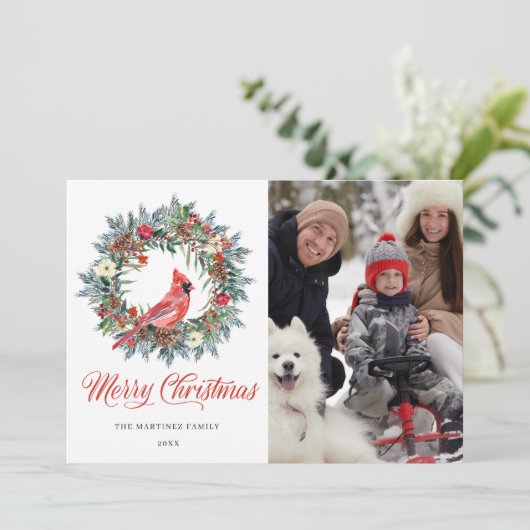 4フォトレッド（鳥）ショウジョウコウカンチョウクリスマスリースホリデーカード シーズンカード (スタンド正面)