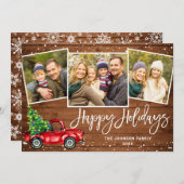 4フォトレトロクリスマスレッドトラックのグリーティ素朴ング シーズンカード (正面/裏面)