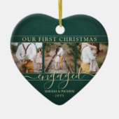 4フォト初めてのクリスマス婚約したグリーンおよび金ゴールドハート セラミックオーナメント (正面)