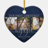 4フォト初めてのクリスマス婚約したネイビー&金ゴールドハート セラミックオーナメント (正面)