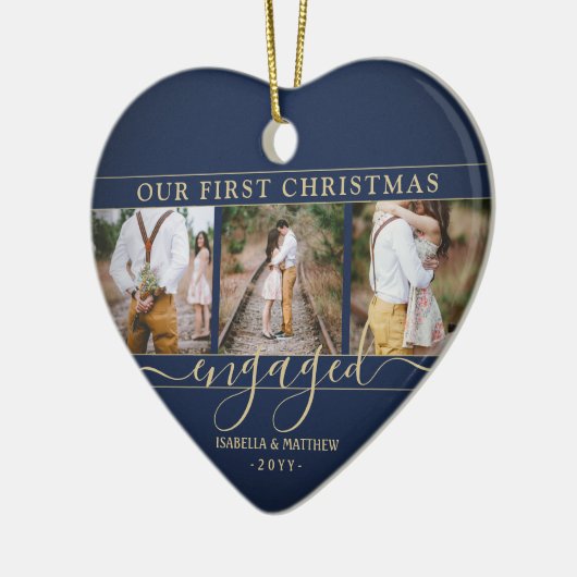 4フォト初めてのクリスマス婚約したネイビー&金ゴールドハート セラミックオーナメント (左)