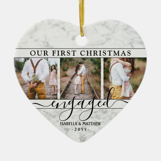 4フォト初めてのクリスマス婚約したフェイク大理石ハート セラミックオーナメント (正面)