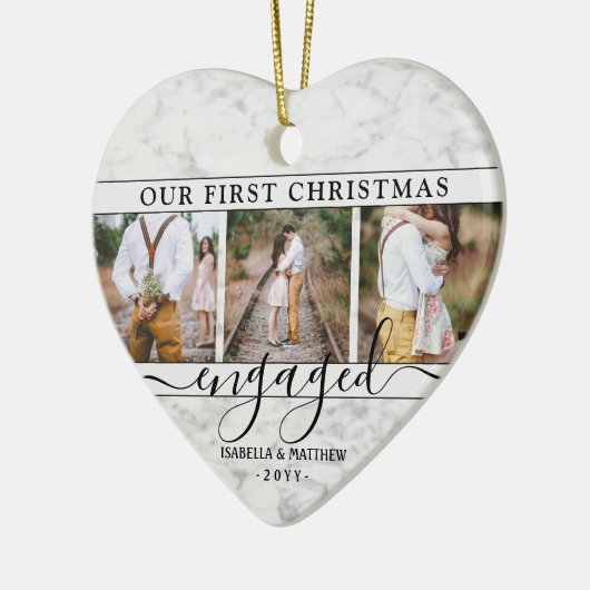4フォト初めてのクリスマス婚約したフェイク大理石ハート セラミックオーナメント (左)