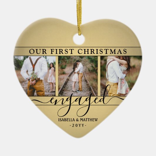 4フォト初めてのクリスマス婚約したフェイク金ゴールドハート セラミックオーナメント (正面)