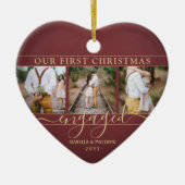 4フォト初めてのクリスマス婚約したブルゴーニュ赤いハート セラミックオーナメント (正面)
