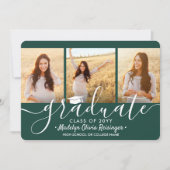 4フォト卒業コラージスクリプトダークグリーンホワイト 案内状 (正面)