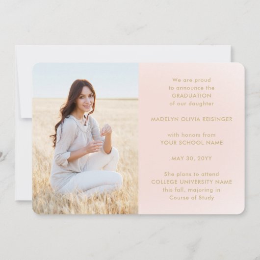 4フォト卒業コラージュのスクリプト赤面ピンク金ゴールド 案内状 (裏面)