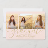 4フォト卒業コラージュのスクリプト赤面ピンク金ゴールド 案内状 (正面)