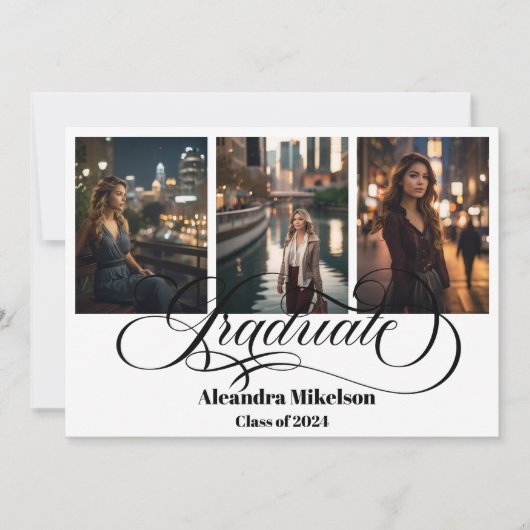 4フォト卒業コラージュシンプルのモダンスクリプト 案内状 (正面)