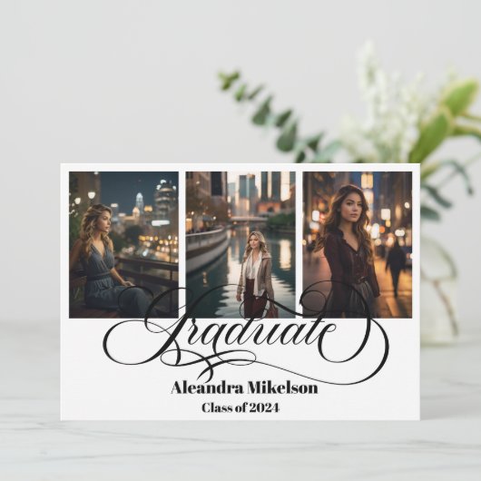 4フォト卒業コラージュシンプルのモダンスクリプト 案内状 (スタンド正面)