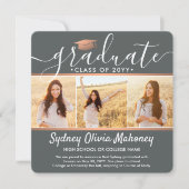 4フォト卒業コラージュ灰色とフェイク銅 案内状 (正面)