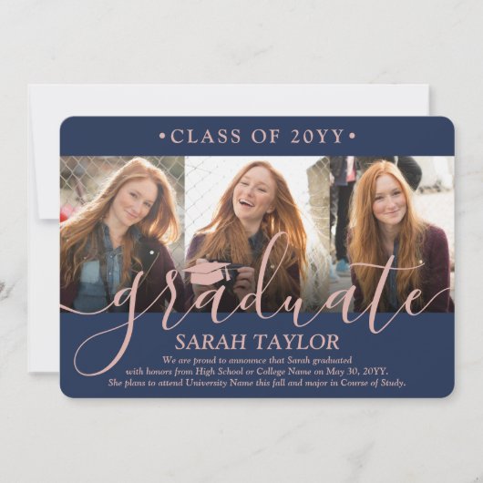 4フォト卒業パーティー海軍ブルー&ピンクのスクリプト 招待状 (正面)