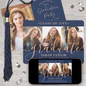 4フォト卒業パーティー海軍ブルー&ピンクのスクリプト 招待状