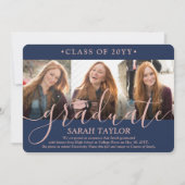 4フォト卒業パーティー海軍ブルー&ピンクのスクリプト 招待状 (正面)