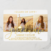 4フォト卒業パーティ白エレガントと金ゴールド 箔招待状 (正面)