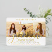 4フォト卒業パーティ白エレガントと金ゴールド 箔招待状 (立ち正面)