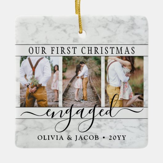 4フォト婚約初めてのクリスマスフェイク大理石 セラミックオーナメント (正面)
