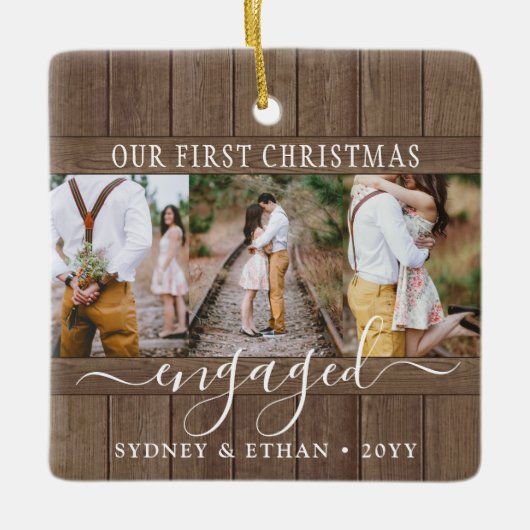 4フォト婚約第1回クリスマスウ素朴ッドフェイク セラミックオーナメント (正面)