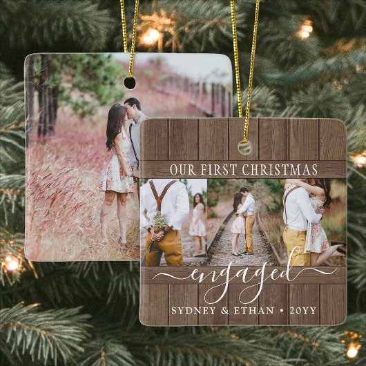 4フォト婚約第1回クリスマスウ素朴ッドフェイク セラミックオーナメント