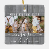 4フォト婚約1stクリスマスグレイフェイクウッド セラミックオーナメント (正面)