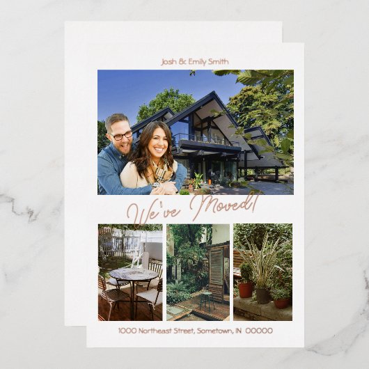 4フォト引っ越しました5 x 7フォイルプリント発表 箔招待状 (正面/裏面)