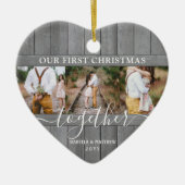 4フォト最初のクリスマスを一緒に灰色のフェイク木のハート セラミックオーナメント (正面)