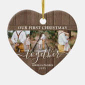 4フォト最初のクリスマスを一緒に素朴木材フェイクハート セラミックオーナメント (正面)
