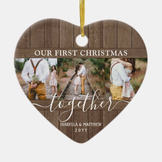 4フォト最初のクリスマスを一緒に素朴木材フェイクハート セラミックオーナメント (正面)