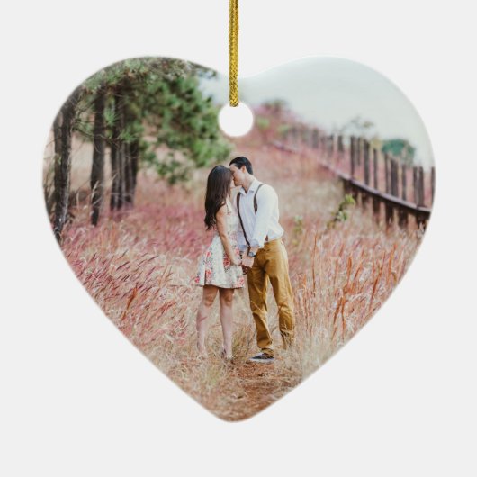 4フォト最初のクリスマスを一緒に素朴木材フェイクハート セラミックオーナメント (裏面)