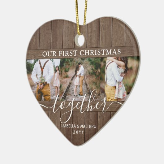 4フォト最初のクリスマスを一緒に素朴木材フェイクハート セラミックオーナメント (左)