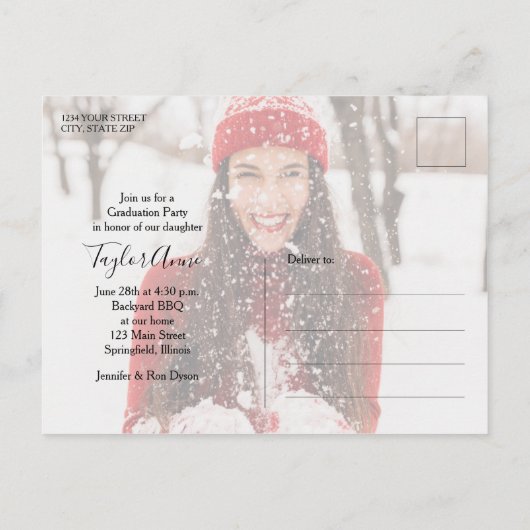 4フォト(鳥)ショウジョウコウカンチョウレッド卒業パーティー招待状 ポストカード (裏面)