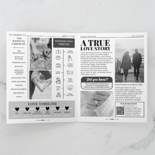 4ページの結婚式 プログラムユニーク結婚新聞 カード (内部)