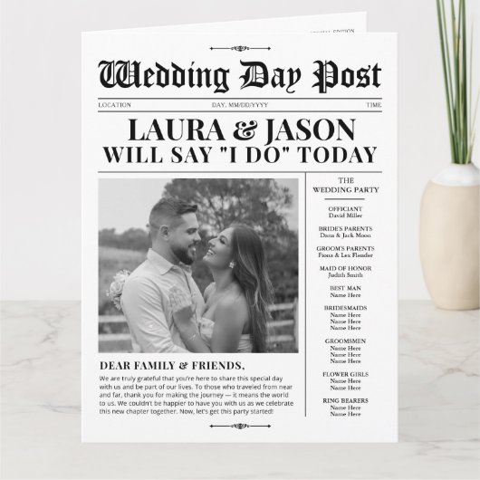 4ページの結婚式 プログラムユニーク結婚新聞 カード (正面)