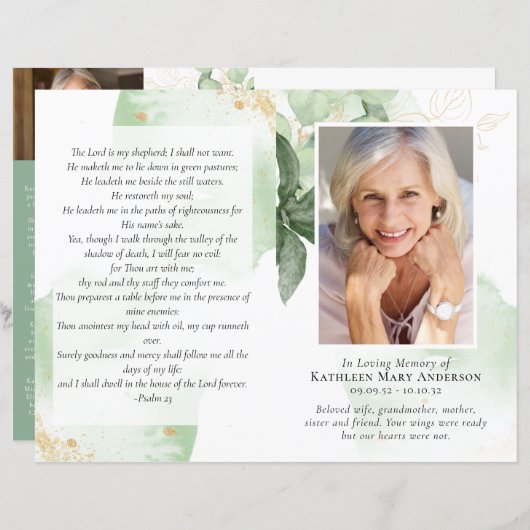 4ページの緑の葬式プログラム (正面/裏面)