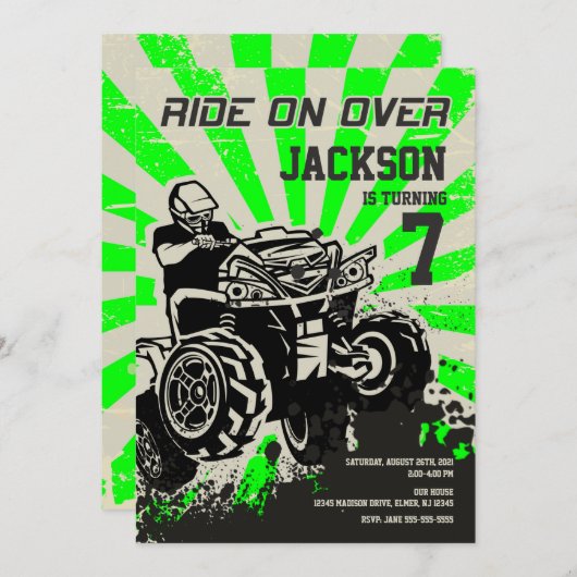 4ホイーラー誕生日招待状/クアッドバイク/グリーン 招待状 (正面/裏面)