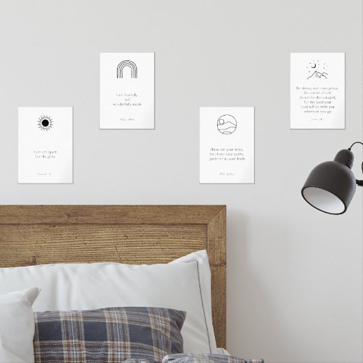 4ミニマルプリントのBoho黒い子供の聖書の詩のセット (寝室)