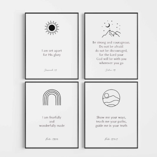 4ミニマルプリントのBoho黒い子供の聖書の詩のセット