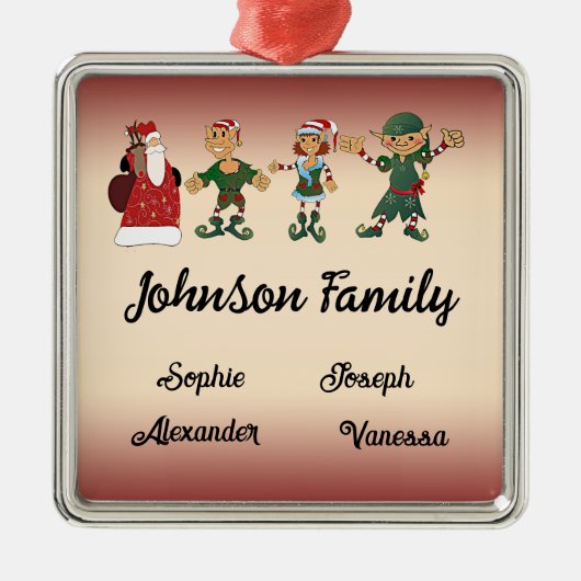 4メンバーの家族クリスマス魔法小妖精や小人サンタ メタルオーナメント (正面)