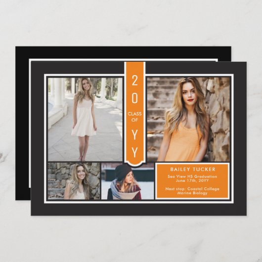 4モダンフォトカレッジのオレンジと黒の卒業 案内状 (正面/裏面)