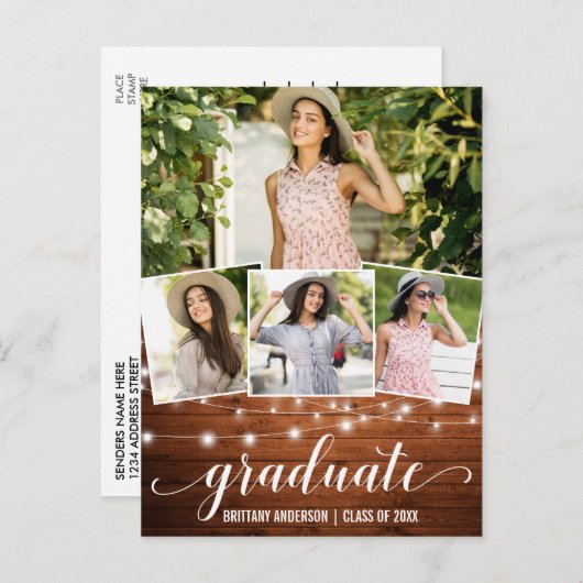 4モダン枚のフォトウッドストリングライトの卒業パーティー インビテーションポストカード (正面/裏面)